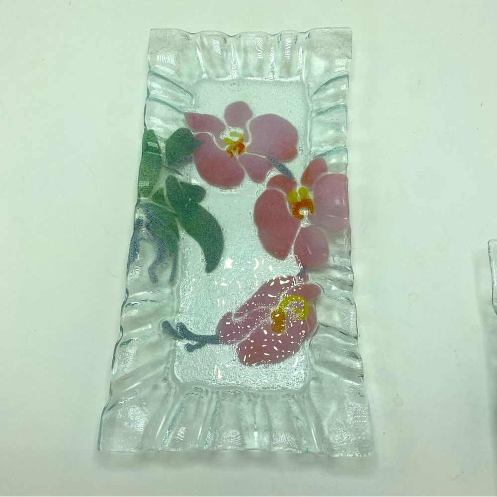 Bill Strydenstricker Hand Blown Fused Glass Pink Orchids Ruffled Edge Tray